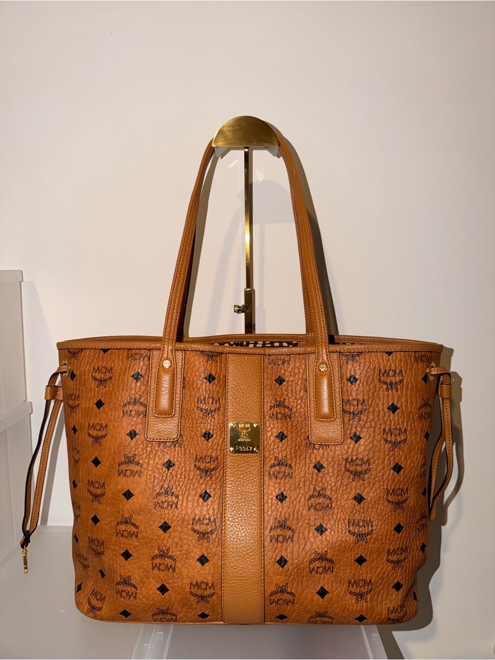 MCM Cognac Monogram Visetos Tote with Gold Hardware